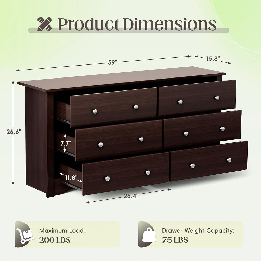 JUMMICO Dresser for Bedroom, 6 Wood Dresser Drawers, Wide Chest of Drawers, Storage Tower Unit, Modern Design for Bedroom, Living Room, Hallway, Entryway (Dark Brown)