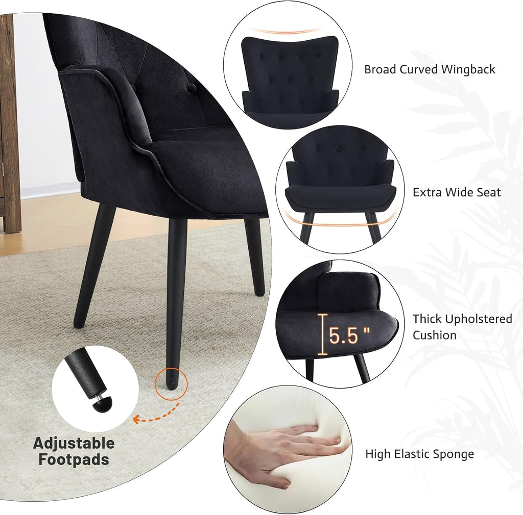 Furniliving Velvet Accent Chair for Living Room, Upholstered Reading Chair with High Backrest, Tufted-Button Wingback Armchair for Bedroom, Dressing Room, Home Office, Black, Set of 2