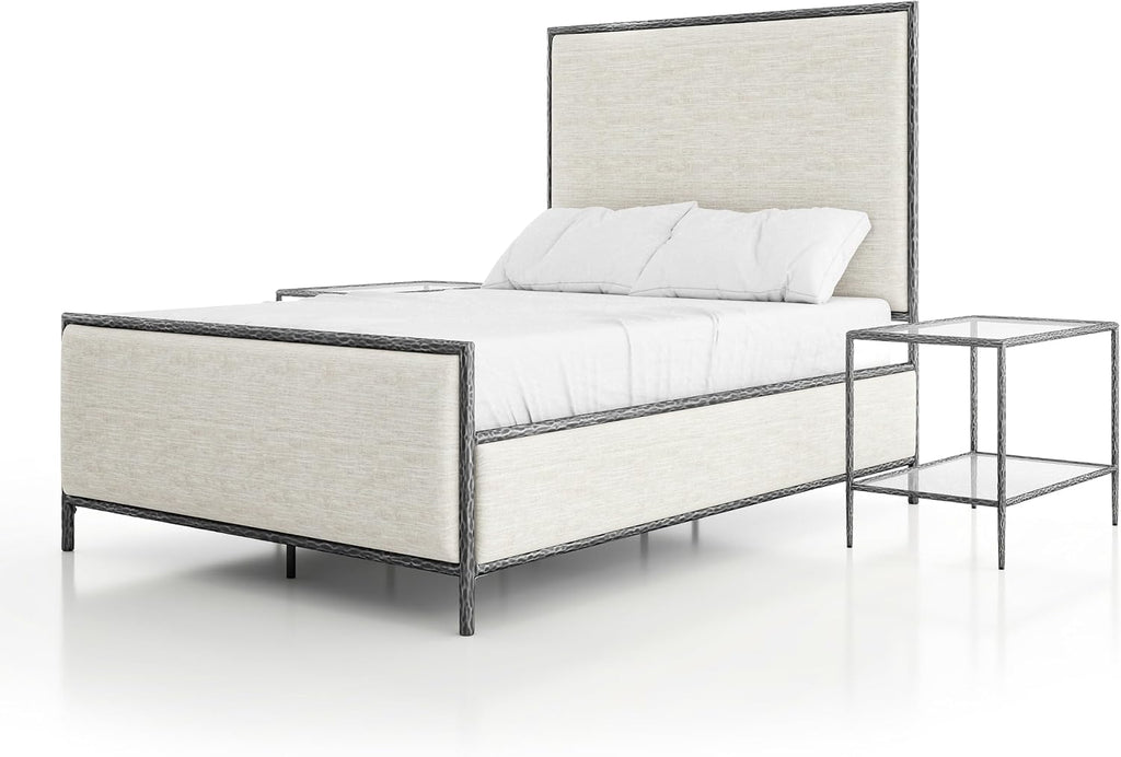 24/7 Shop at Home Lalia Hammered Metal 3-Piece Bedroom Collection, Upholstered Bed Frame with Beige Fabric Headboard, Forged Steel and 1-Shelf Nightstands, Foundation Required, Full, Matte Grey