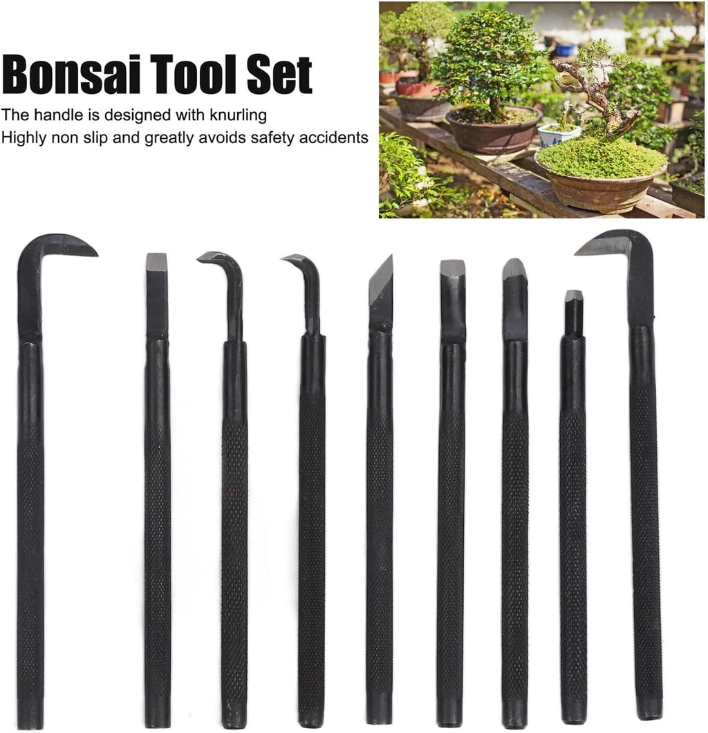 9 Piece Professional Bonsai Tool Kit, Manganese Steel Carving Pruning Set with Handles Includes Brushed Knife, Shears, Gardening Tools for Bonsai Shaping