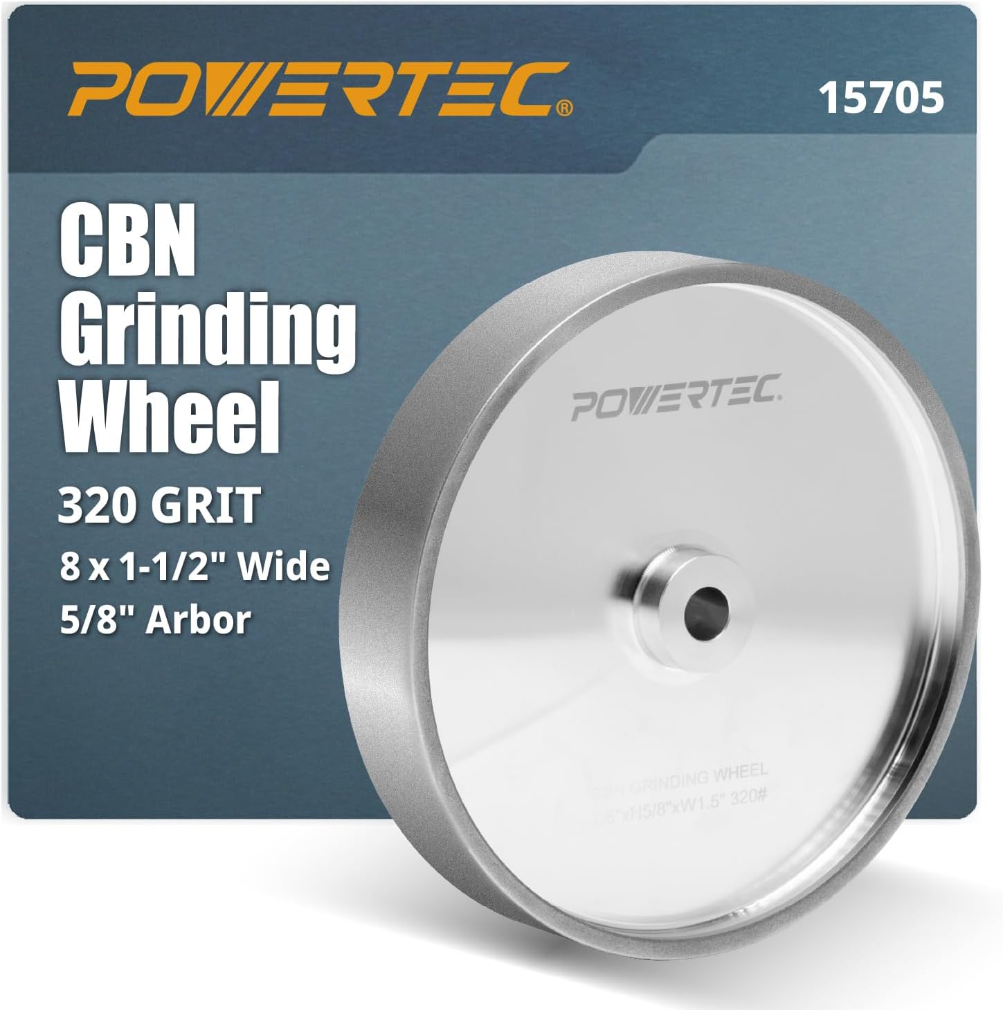 POWERTEC CBN Grinding Wheel 8 Inch 320 Grit, 1-1/2' Wide, 5/8' Arbor – Bench Grinder Sharpening Wheel for HSS Tools, Lathe Chisels, and Woodturning Tools (15705)