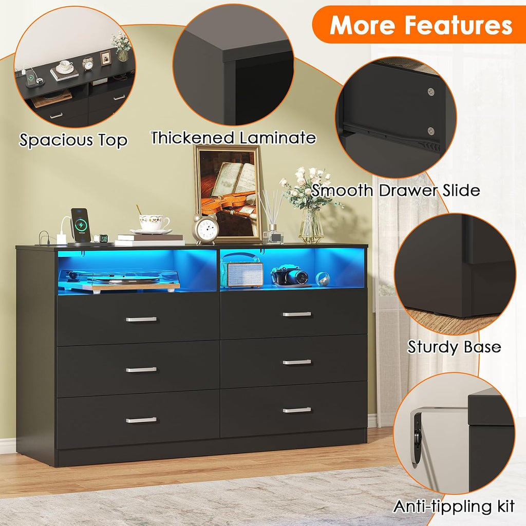 Bigbiglife Dresser for Bedroom, 6 Drawer Dresser with Charging Station and Led Light, Modern Chest of Drawers for Bedroom, Living Room,Black