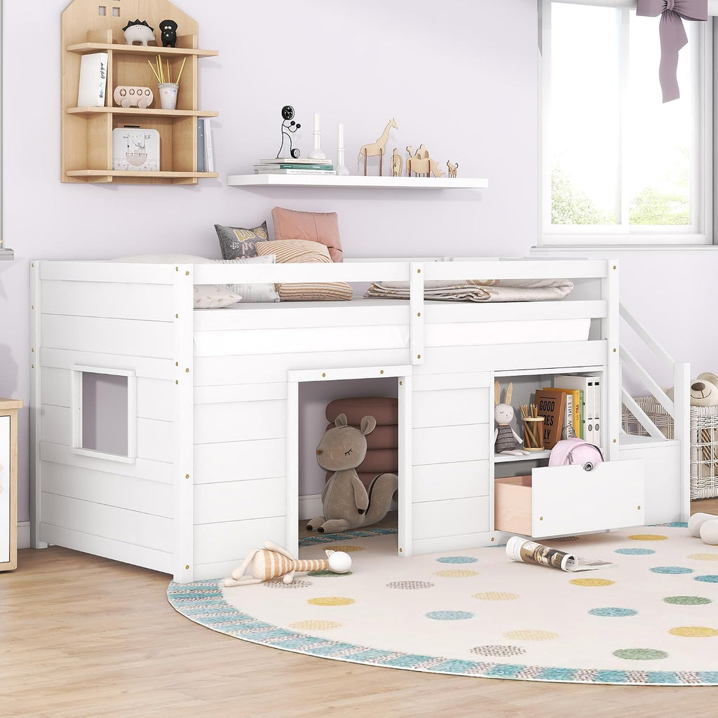 JIVOIT Twin Size Loft Bed with Bookshelf and Storage Drawer, Storage Staircase and Window Design, Wooden Low Loft Bed Frame with Full-Length Guardrail for Kids Teens (White, Bookshelf+Drawer 7)