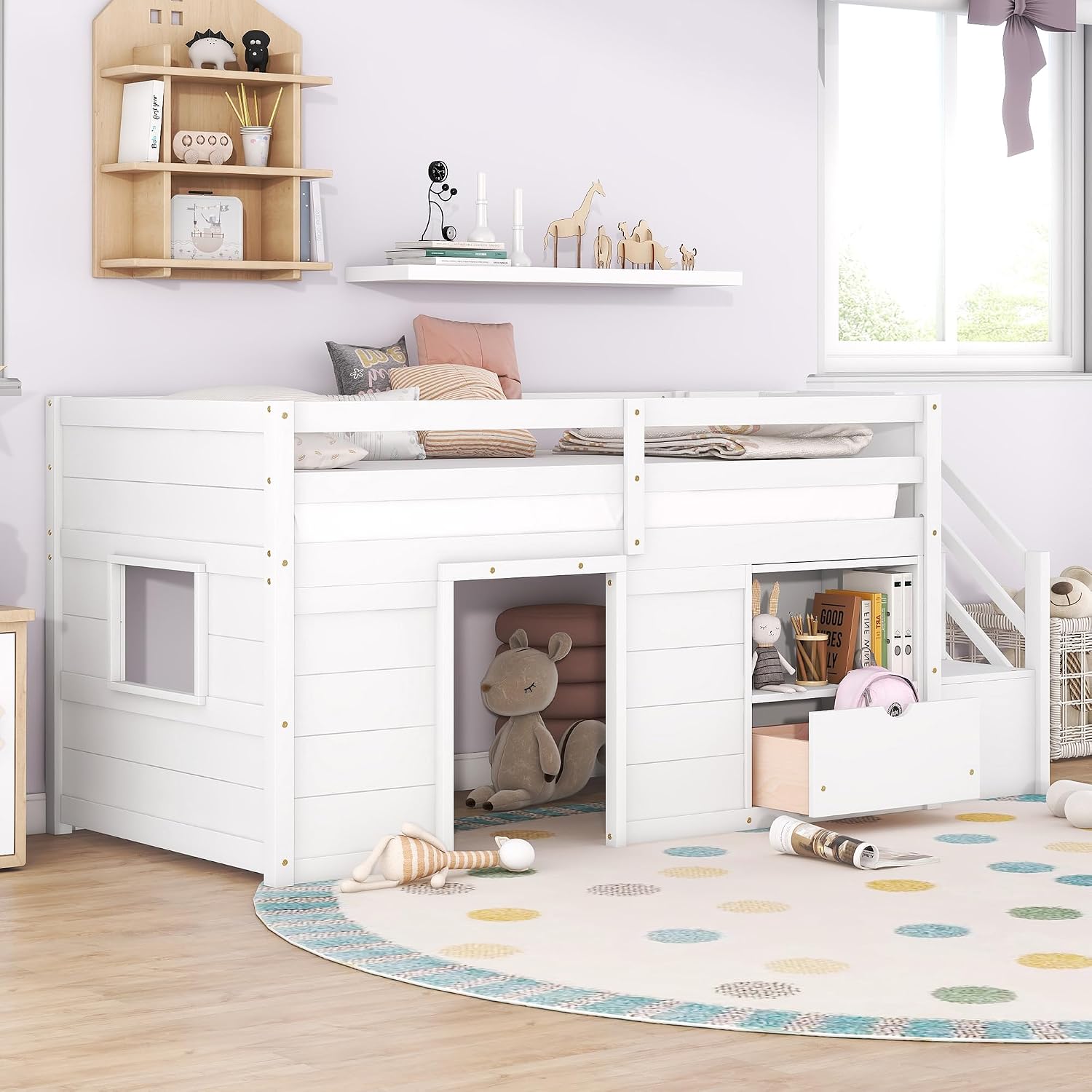 JIVOIT Twin Size Loft Bed with Bookshelf and Storage Drawer, Storage Staircase and Window Design, Wooden Low Loft Bed Frame with Full-Length Guardrail for Kids Teens (White, Bookshelf+Drawer 7)