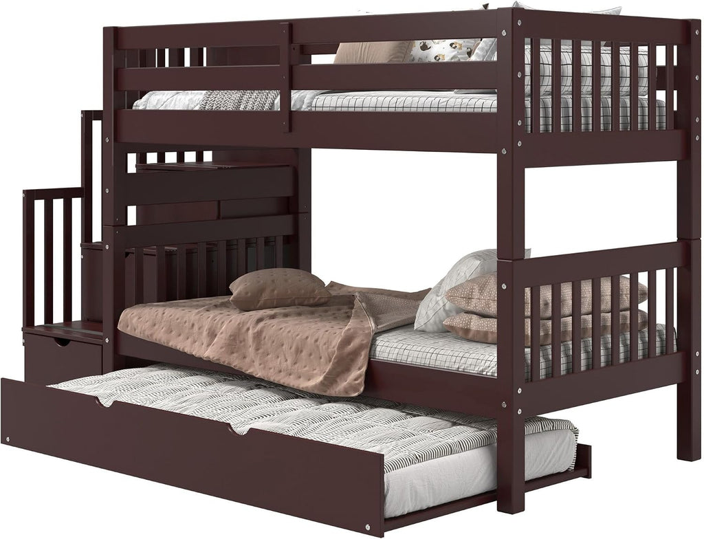 Bedz King Stairway Bunk Beds Twin Over Twin, 3 Step Drawers and a Twin Trundle, Dark Cherry