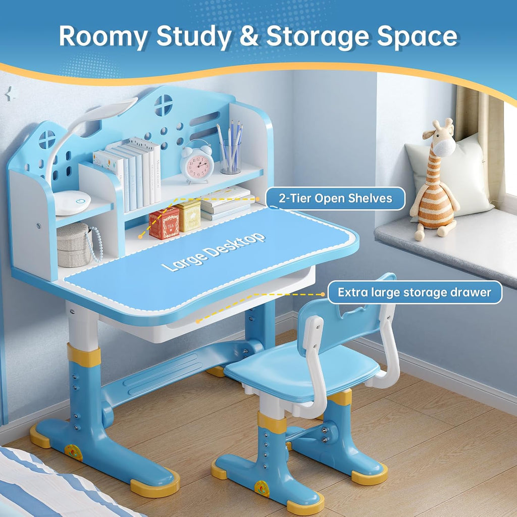 Kids Desk and Chair Set, Height Adjustable Child's School Study Writing Tables, Kids Desk with Bookstand and Storage Drawer, Widened Desktop with Desktop for Boys and Girls