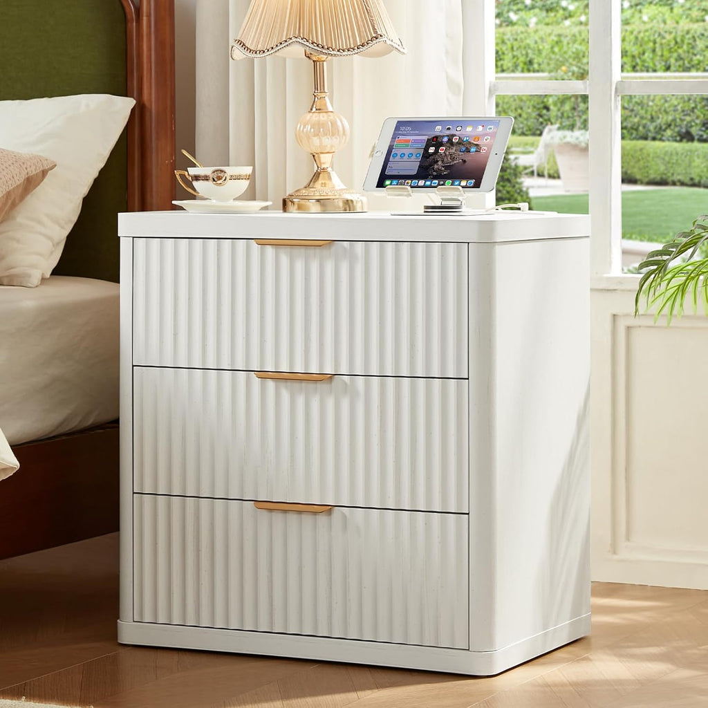 LEYAOYAO 23' Wide Fluted Night Stand with Charging Station,3 Drawers Large End Table with Storage,White Nightstand Wood Bedside Tables, Farmhouse Cabinet Dresser for Bedroom,Closet