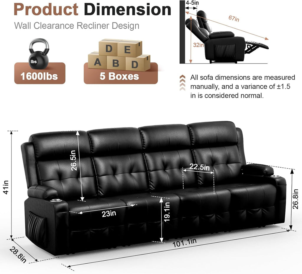 Recliner Sofa, Massage Reclining Sofa 4 Seater Sets Heavy Weight Capacity, RV Loveseat Clearance with Storage, Cup Holders, Wall Hugger Couches for Living Room