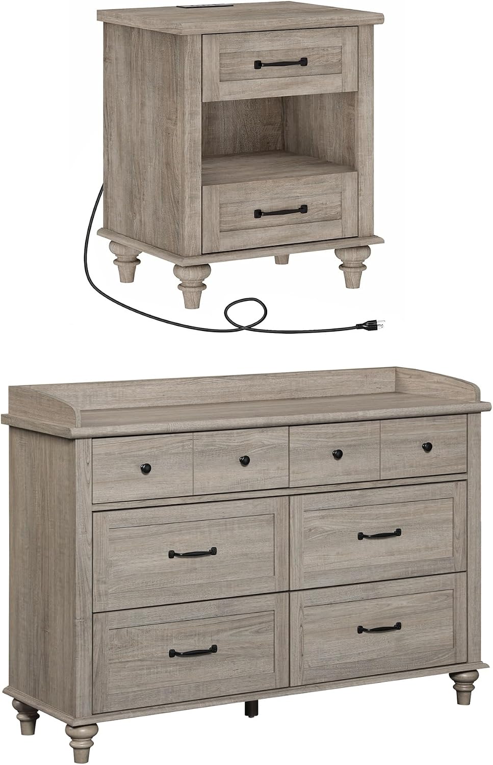 WAMPAT 2 Piece Bedroom Set - Includes 6 Drawer Dresser for Bedroom, Farmhouse Nightstand with Charging Station & Drawers & Cubby, 2 Piece Dresser and Nightstand Sets, Grey