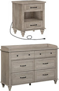 WAMPAT 2 Piece Bedroom Set - Includes 6 Drawer Dresser for Bedroom, Farmhouse Nightstand with Charging Station & Drawers & Cubby, 2 Piece Dresser and Nightstand Sets, Grey