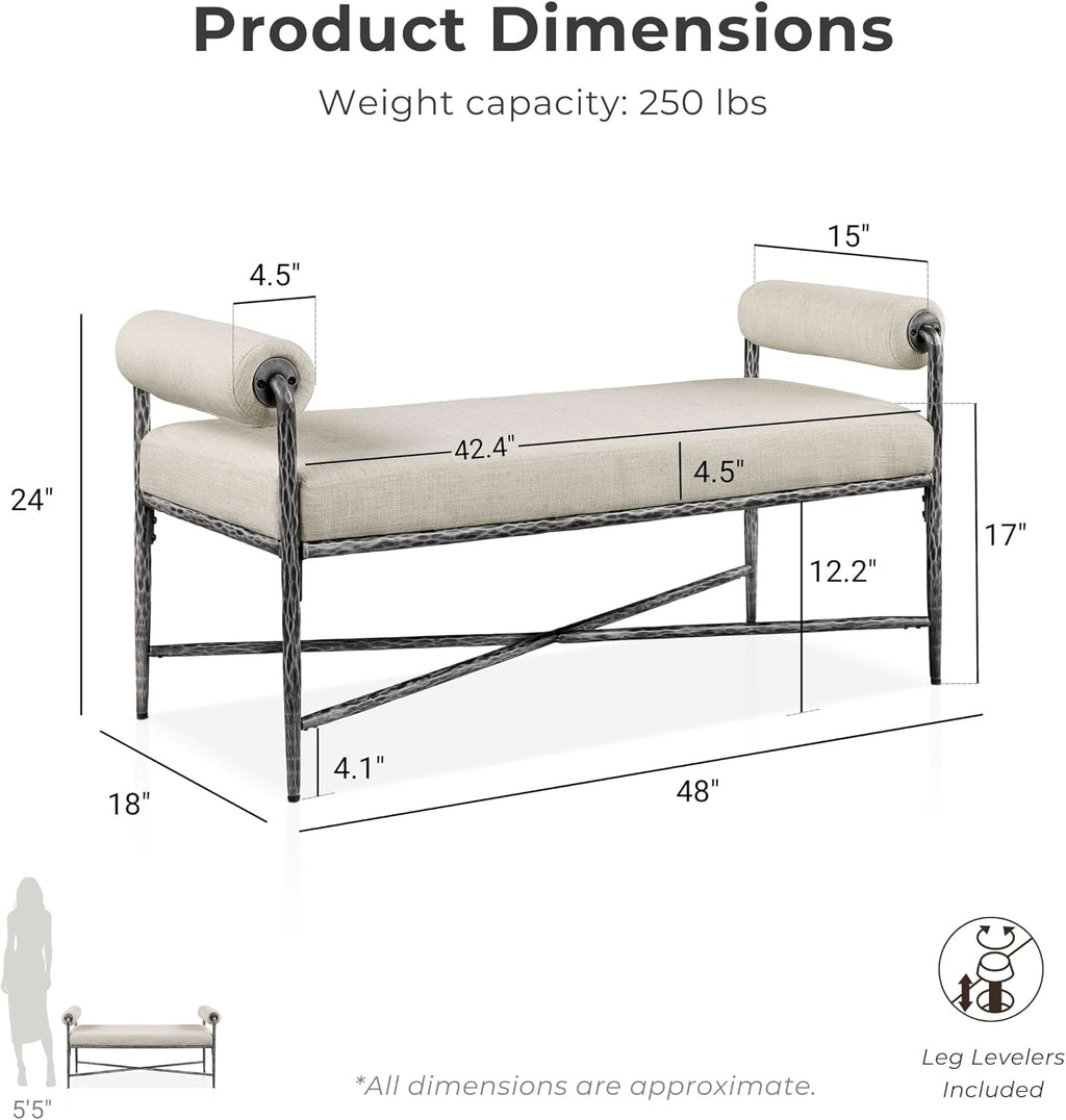 24/7 Shop at Home Lalia Hammered Metal 4-Piece Bedroom Collection, Upholstered Bed Frame with Camelback Headboard, Forged Steel, Bench and Curved Nightstands, Foundation Required, Full, Matte Grey