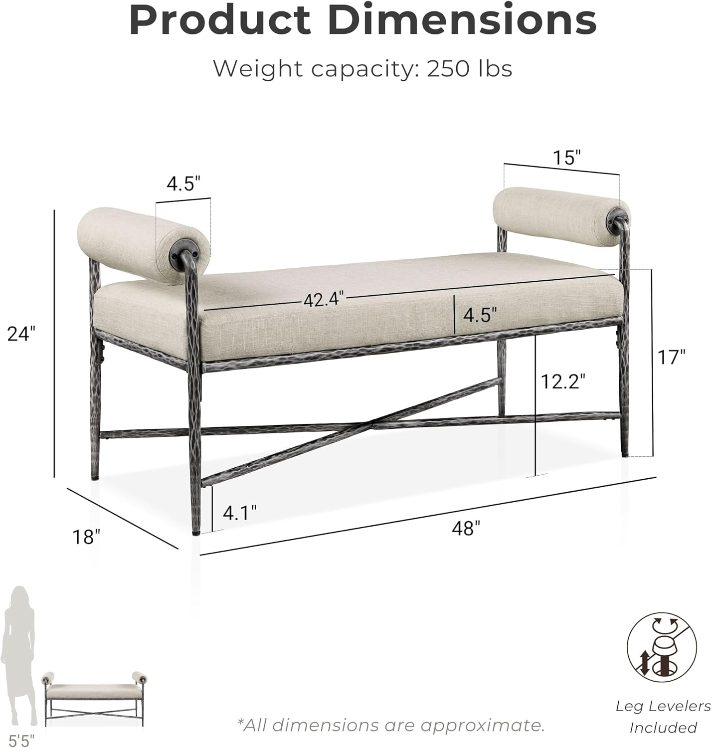 24/7 Shop at Home Lalia Hammered Metal 4-Piece Bedroom Collection, Upholstered Bed Frame with Camelback Headboard, Forged Steel, Bench and Curved Nightstands, Foundation Required, Full, Matte Grey