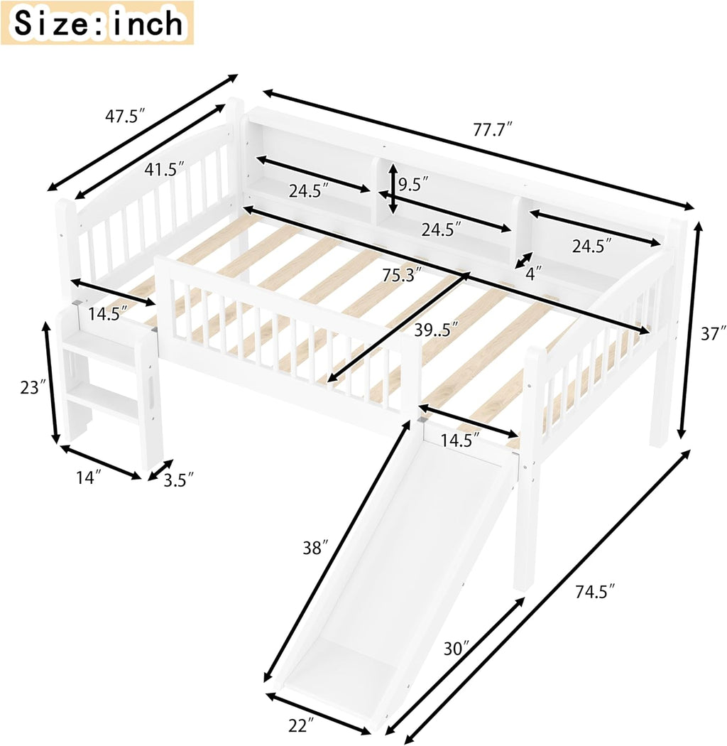 JIVOIT Twin Loft Bed with Storage Shelves, Solid Wood Lower Loft Bed with Full-Length Guardrails, Wood Slats Support, Space-Saving Design, No Box Spring Needed (White,Twin,51)