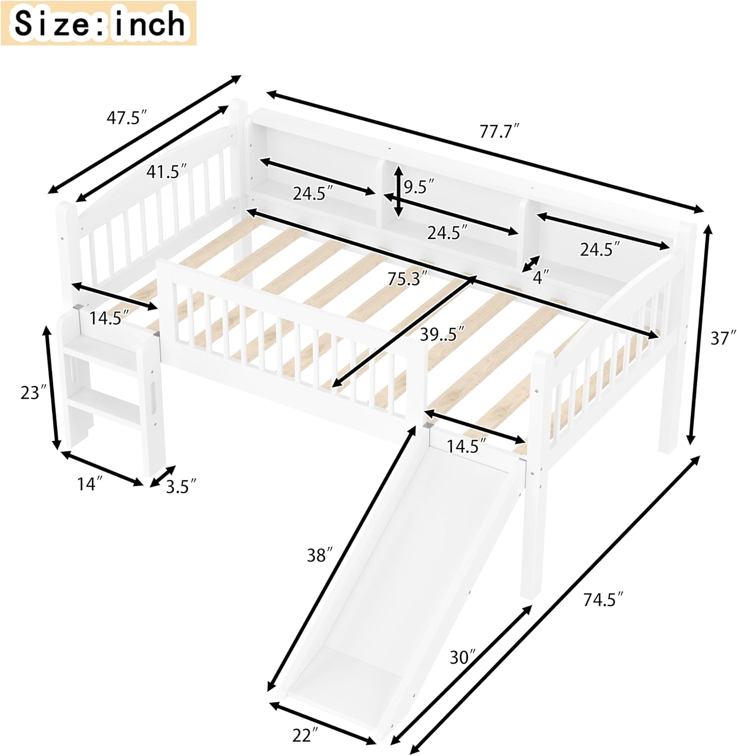 JIVOIT Twin Loft Bed with Storage Shelves, Solid Wood Lower Loft Bed with Full-Length Guardrails, Wood Slats Support, Space-Saving Design, No Box Spring Needed (White,Twin,51)