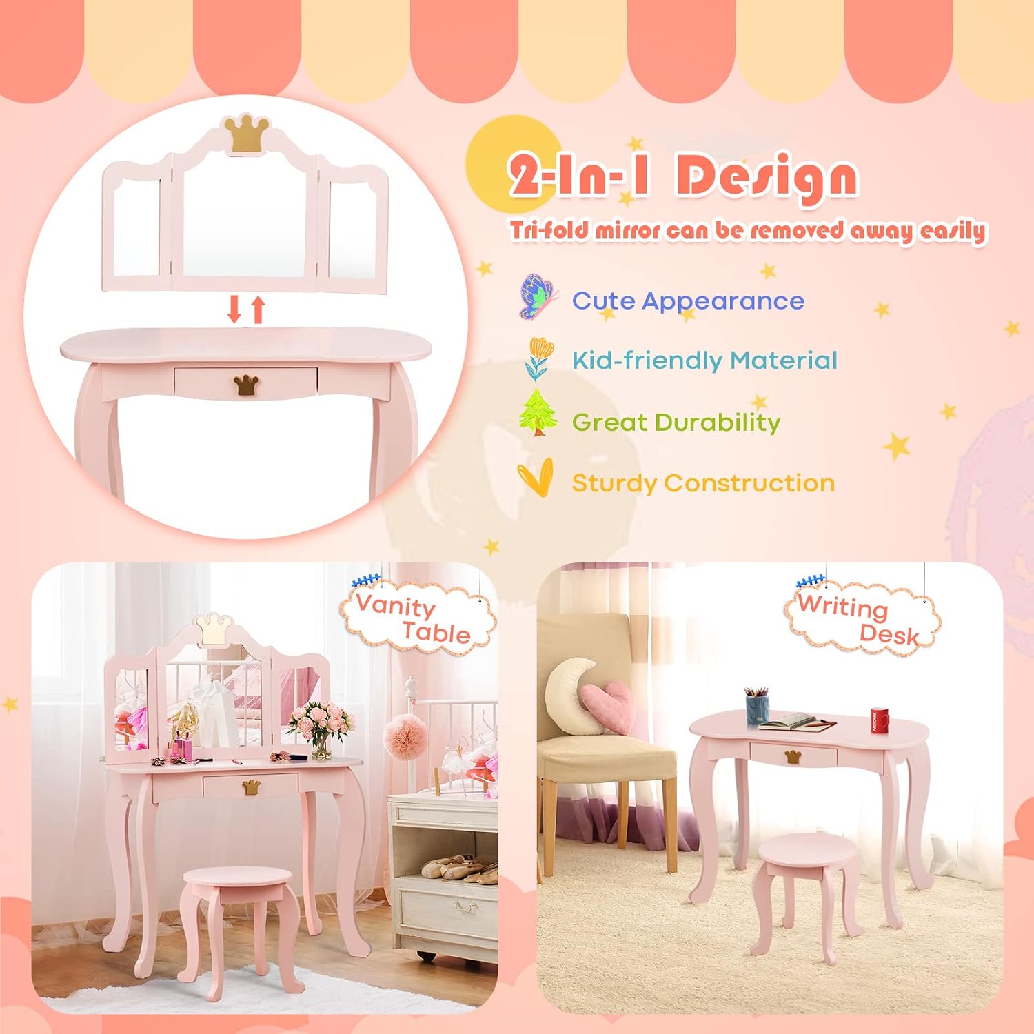 HONEY JOY 2 Piece Kids Vanity Set & Jewelry Armoire Cabinet, Crown Wooden Makeup Table & Chair Set, Dress Up Jewelry Organizer w/Full-Length Mirror, Kids Bedroom Furniture for Girls Playroom (Pink)