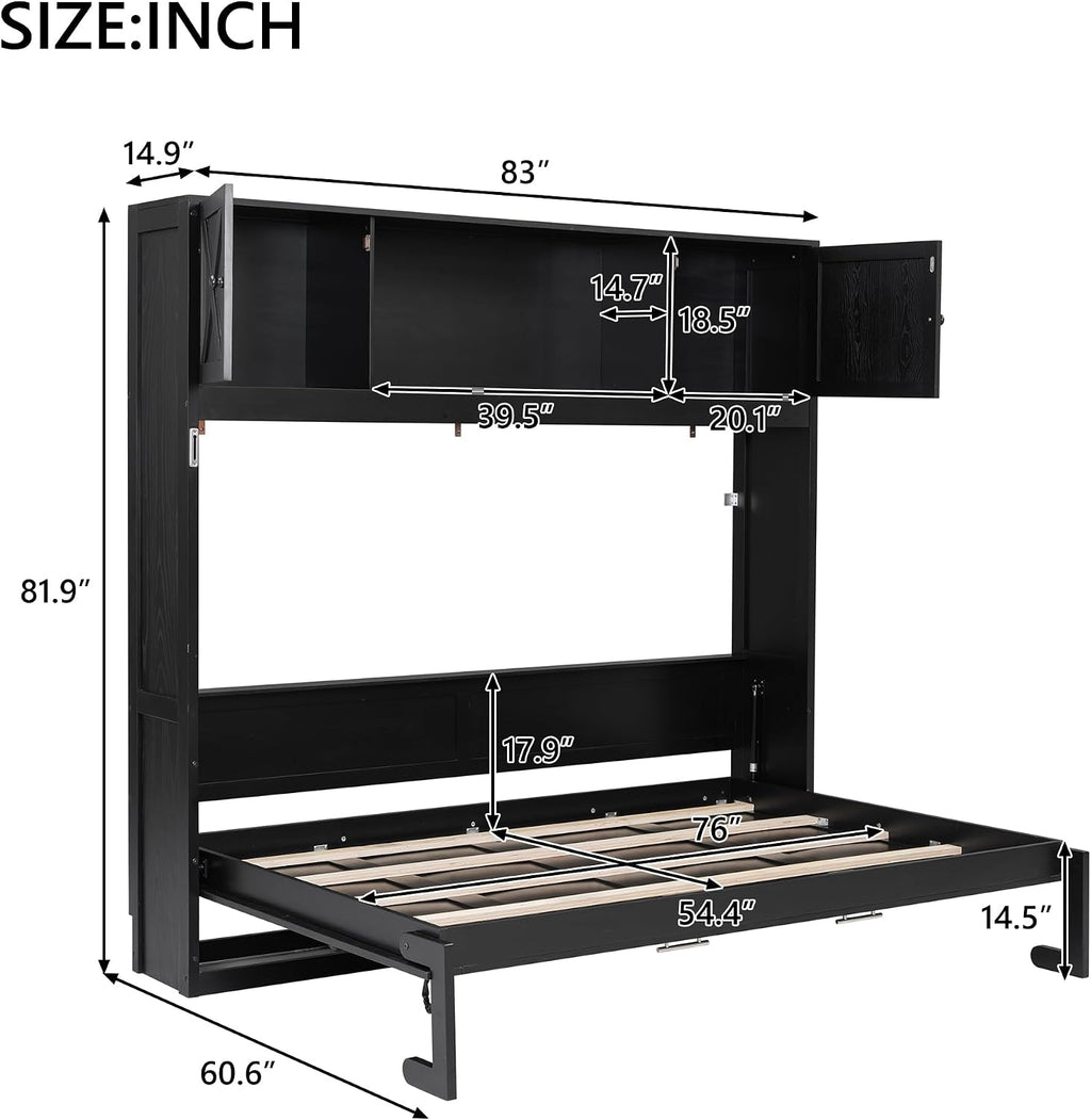 Harper & Bright Designs Full Size Murphy Bed, Wood Hidden Foldable Wall Bed Frame with Storage Cabinet for Bedroom, Office, Space-Saving, Black