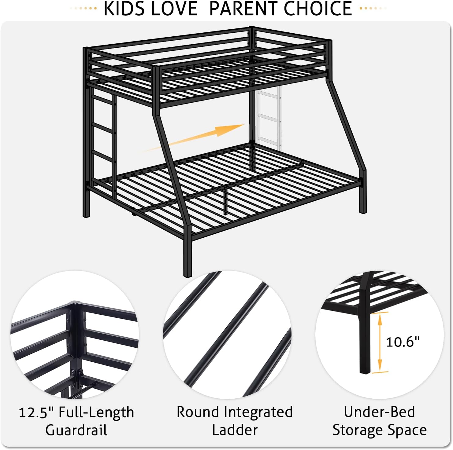 SHA CERLIN Loft Bunk Bed Twin Over Full Size with Ladder and Guardrail,Heavy Duty Metal Slats Support No Box Spring Needed Small Space Saving Furniture for Bedroom Dorm,Black