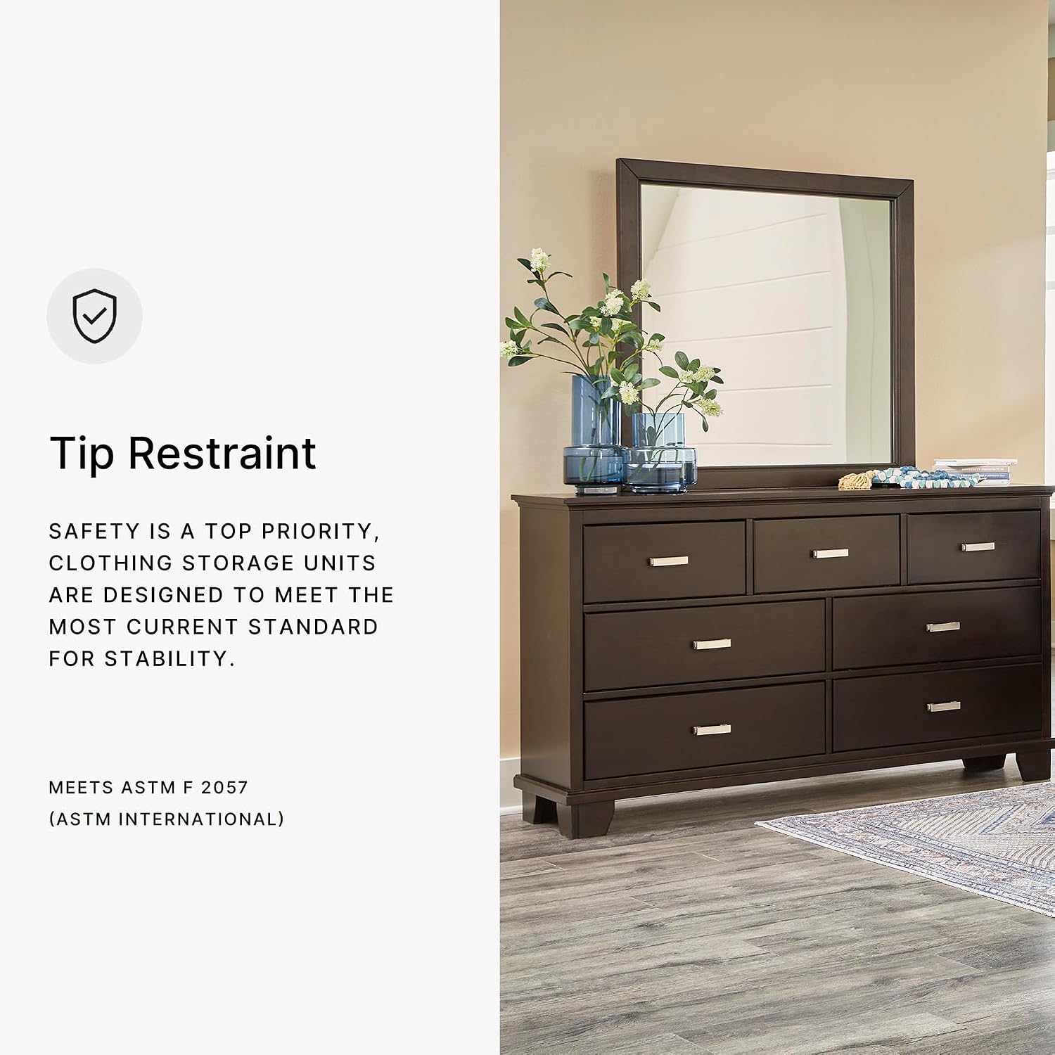 Signature Design by Ashley Covetown Contemporary 7-Drawer Dresser and Mirror with Safety Stop, Dark Brown