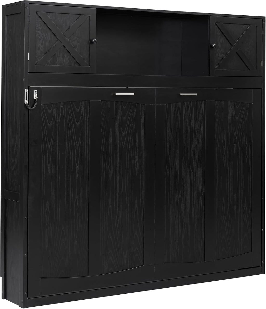 Harper & Bright Designs Full Size Murphy Bed, Wood Hidden Foldable Wall Bed Frame with Storage Cabinet for Bedroom, Office, Space-Saving, Black
