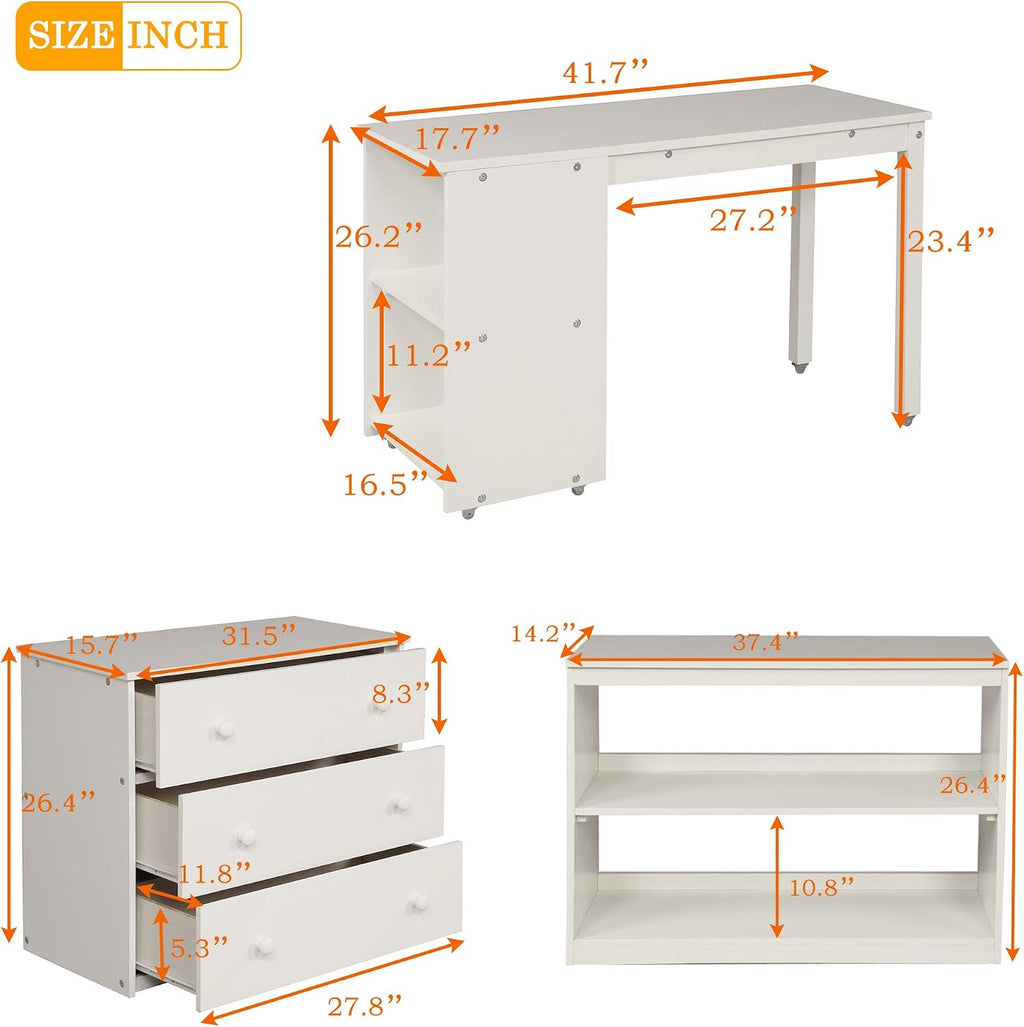 JIVOIT Twin Size Low Loft Bed with Rolling Portable Desk, Wooden Loft Bed with Cabinet/Bookshelf/Drawers/Open Shelves for Kids Teens Adults, No Box Spring Required (White-Twin-Rolling Portable Desk)