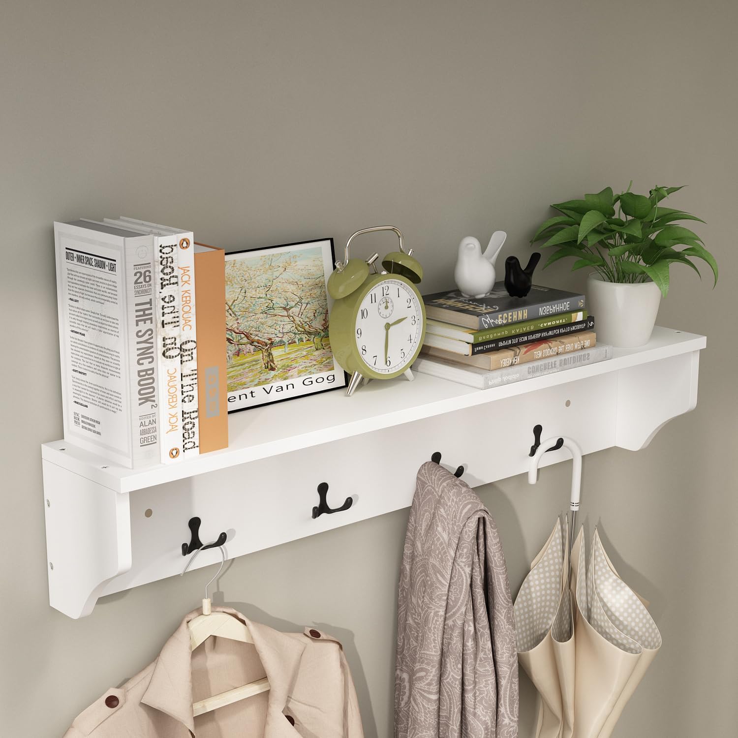 AIEGLE Entryway Hall Tree Set with Shoe Bench & Wall Mounted Coat Rack, 3-in-1 Entryway Storage Bench with Drawer & Cushion, Hall Tree Coat Rack with 4 Hooks for Hallway Hanging, White