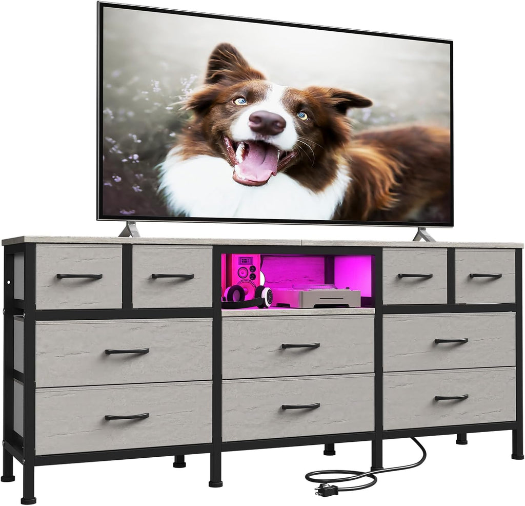 White Dresser for Bedroom with LED Lights and Power Outlets, 55' TV Stand with 10 Drawers & Open Shelves, Fabric Chest of Drawers with PU Finish, Metal Frame, Wood Top (Greige)