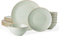 Famiware Jupiter 18-Piece Stoneware Dinnerware Sets for 6 – Handcrafted Plates and Bowls with Speckles & Embossed Swirls, Chip & Scratch Resistant, Modern Rustic Dishes for Daily & Formal Use, Green