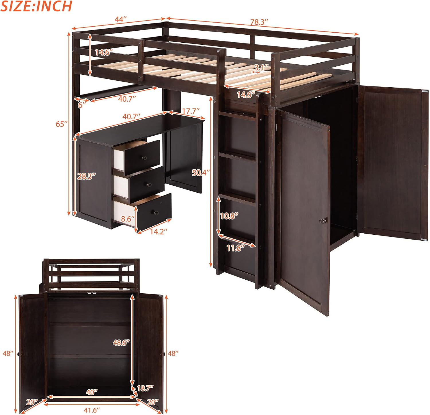 Twin Size Loft Bed with Drawers and Desk, Wardrobe, Ladder for Kids, Adults, Girls, Bedroom, Easy Assembly, No Box Spring Needed, Space-Saving, Espresso