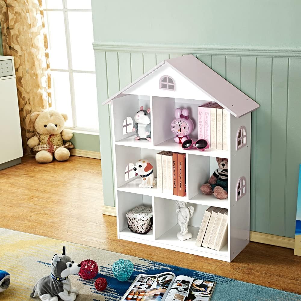 Wooden Dollhouse Bookshelf 3-Tier Doll House Bookcase Kids Books Toys Storage Organizer Shelves for Children's Bedroom Playroom Kindergarten Nursery Gift for Boys Girls Ages 3-8 Years Old