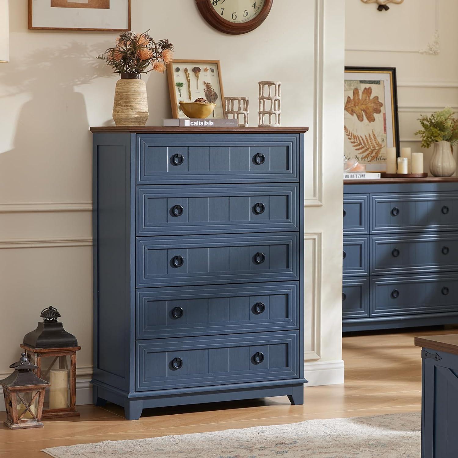 Joaxswe Farmhouse 5 Drawer Dresser for Bedroom Set of 2, 42' Tall Small Dressers & Chest of Drawers, Rustic Wood Dresser with Metal Handle, Storage Organizer Closet for Living Room, Hallway,Entryway