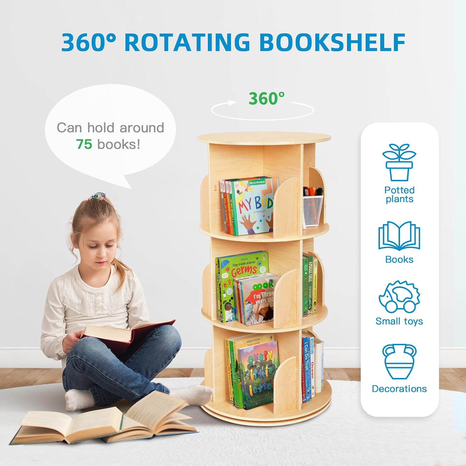 OOOK Kids Rotating Bookshelf Tower, 3 Tier Spinning Floor Standing Montessori Bookshelf Storage Rack, Large Chassis 360 Display for Small Space, Kids Room, Nursery