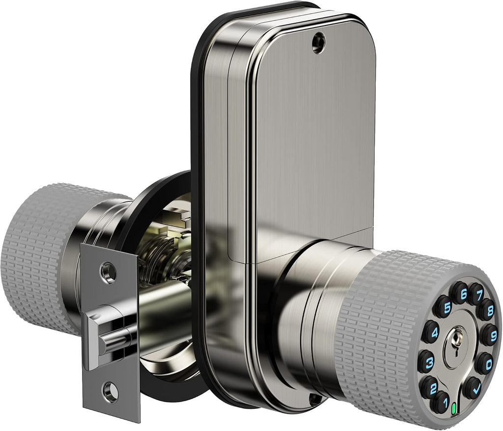 Double Sided Keypad Door Knob with Dual Cylinders and Key Alike, iuknob Keyless Entry Smart Door Lock for Entrance, Fence, Gate, Swimming Pool,Waterproof and Weatherproof for Outdoor & Interior Door.