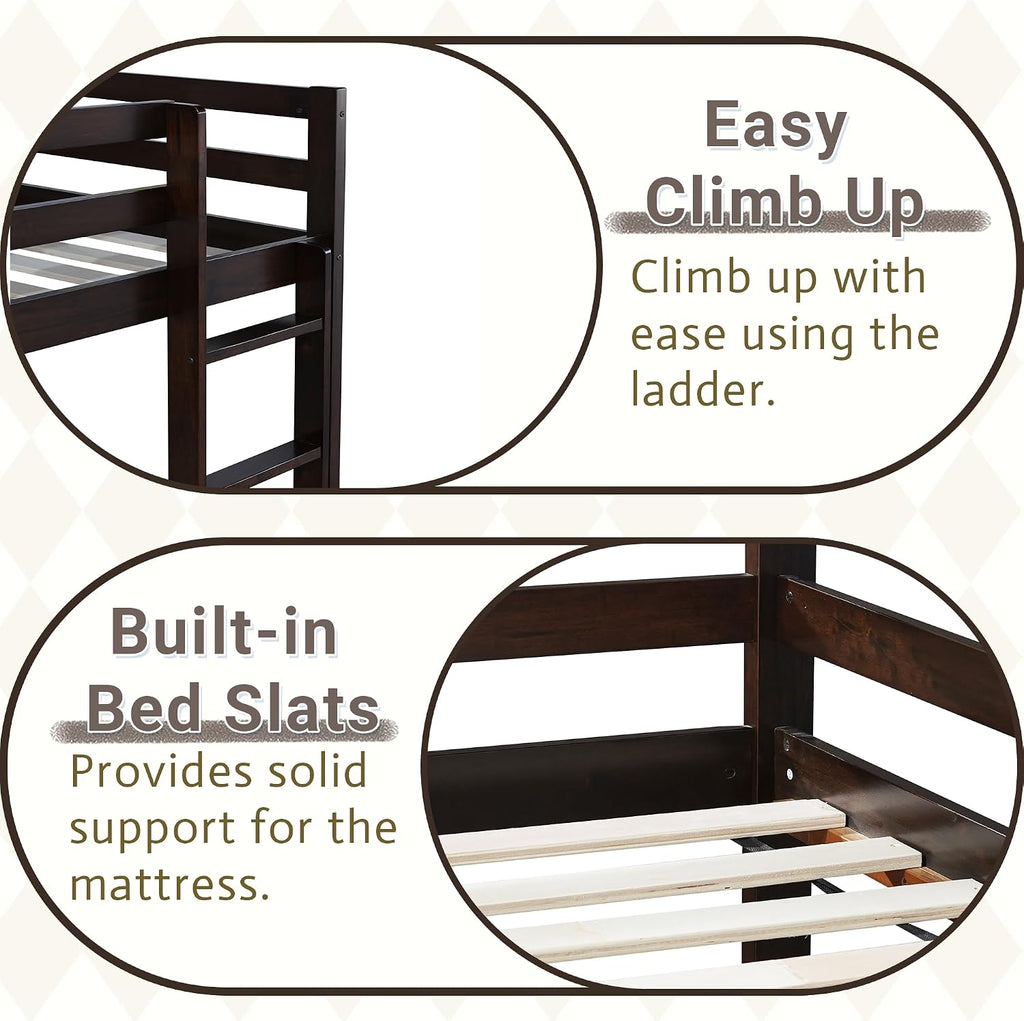 Twin Low Bunk Bed for Kids, Floor Bunk Beds Twin Over Twin with Integrated Ladder & Full Guardrails, Wood Bunked with Strengthened Slats for Boys, Girls, Bedroom, No Box Spring Needed, Espresso