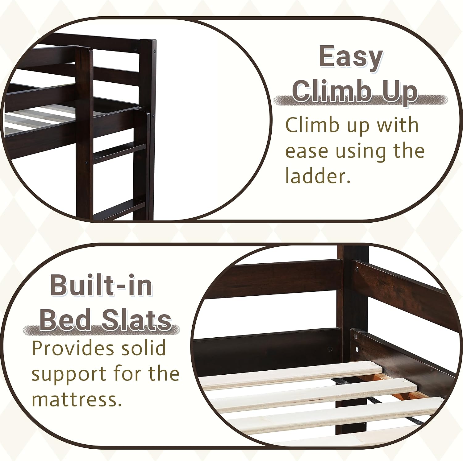 Twin Low Bunk Bed for Kids, Floor Bunk Beds Twin Over Twin with Integrated Ladder & Full Guardrails, Wood Bunked with Strengthened Slats for Boys, Girls, Bedroom, No Box Spring Needed, Espresso