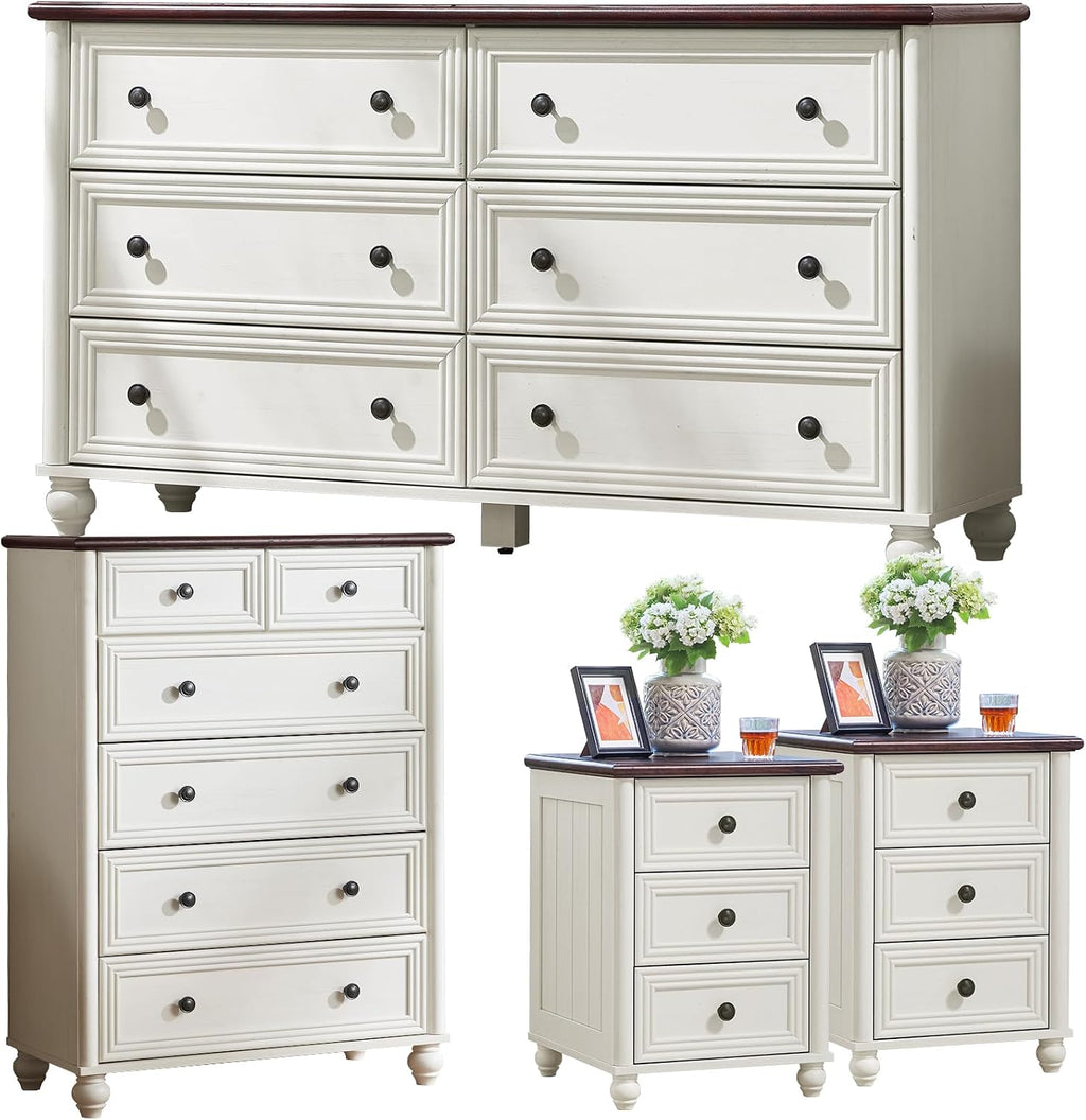 Farmhouse Dressers & Night Stand Set of 4, Wood 54' Wide 6 Drawer Dresser & 43.5' Tall Chest of Drawers, 18'Roman Column Nightstand Set of 2, Bedroom Furniture Dresser Set for Home Living Room Hallway