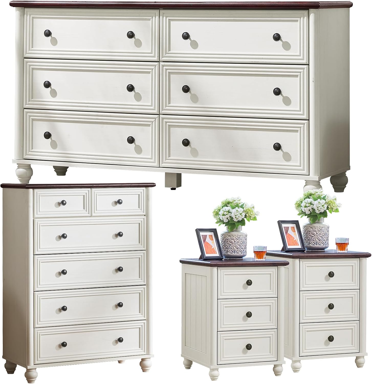 Farmhouse Dressers & Night Stand Set of 4, Wood 54' Wide 6 Drawer Dresser & 43.5' Tall Chest of Drawers, 18'Roman Column Nightstand Set of 2, Bedroom Furniture Dresser Set for Home Living Room Hallway