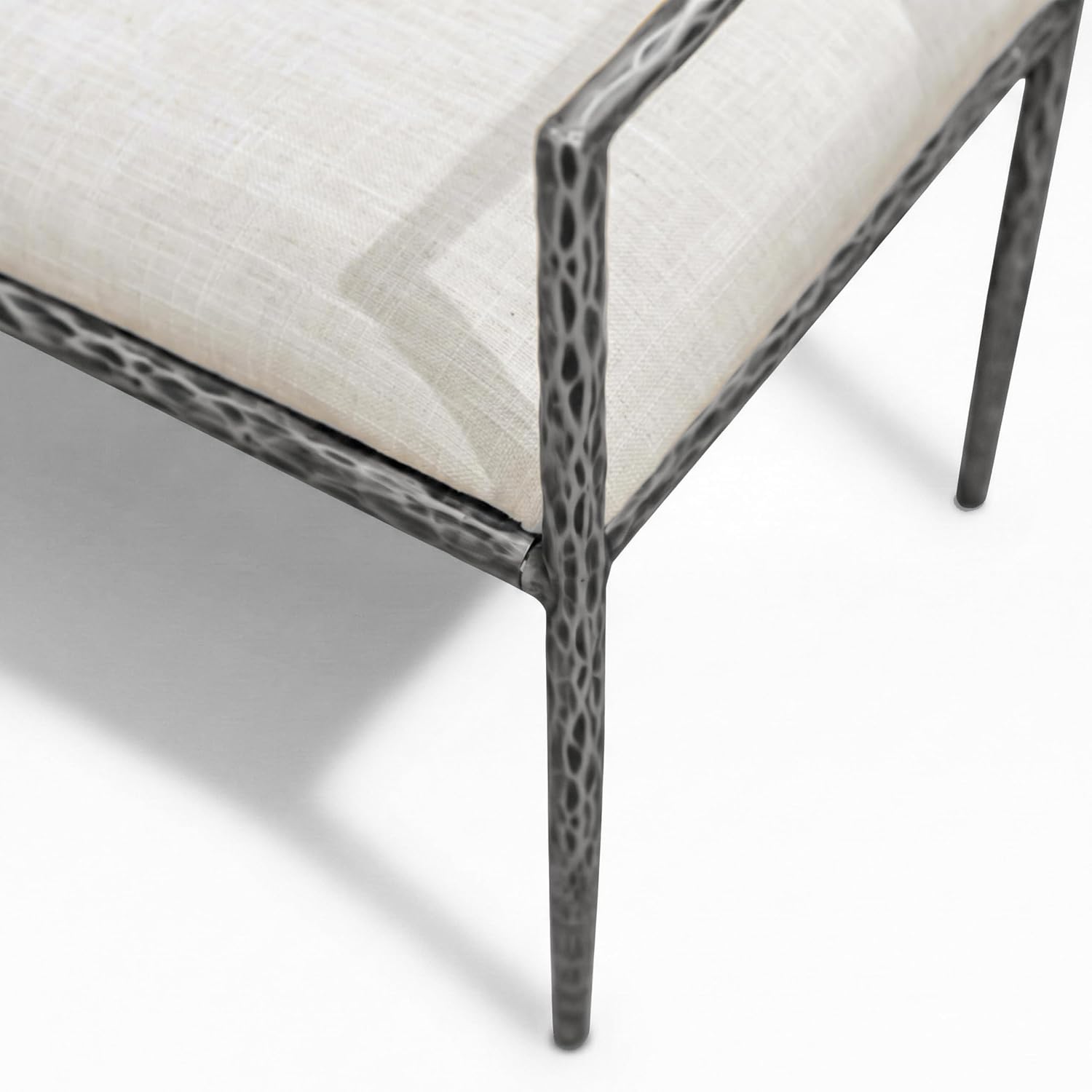 24/7 Shop at Home Lalia Hammered Metal 3-Piece Bedroom Collection, Upholstered Bed Frame with Beige Fabric Headboard, Forged Steel, Bench and 1-Shelf Nightstand, Foundation Required, Full, Matte Grey