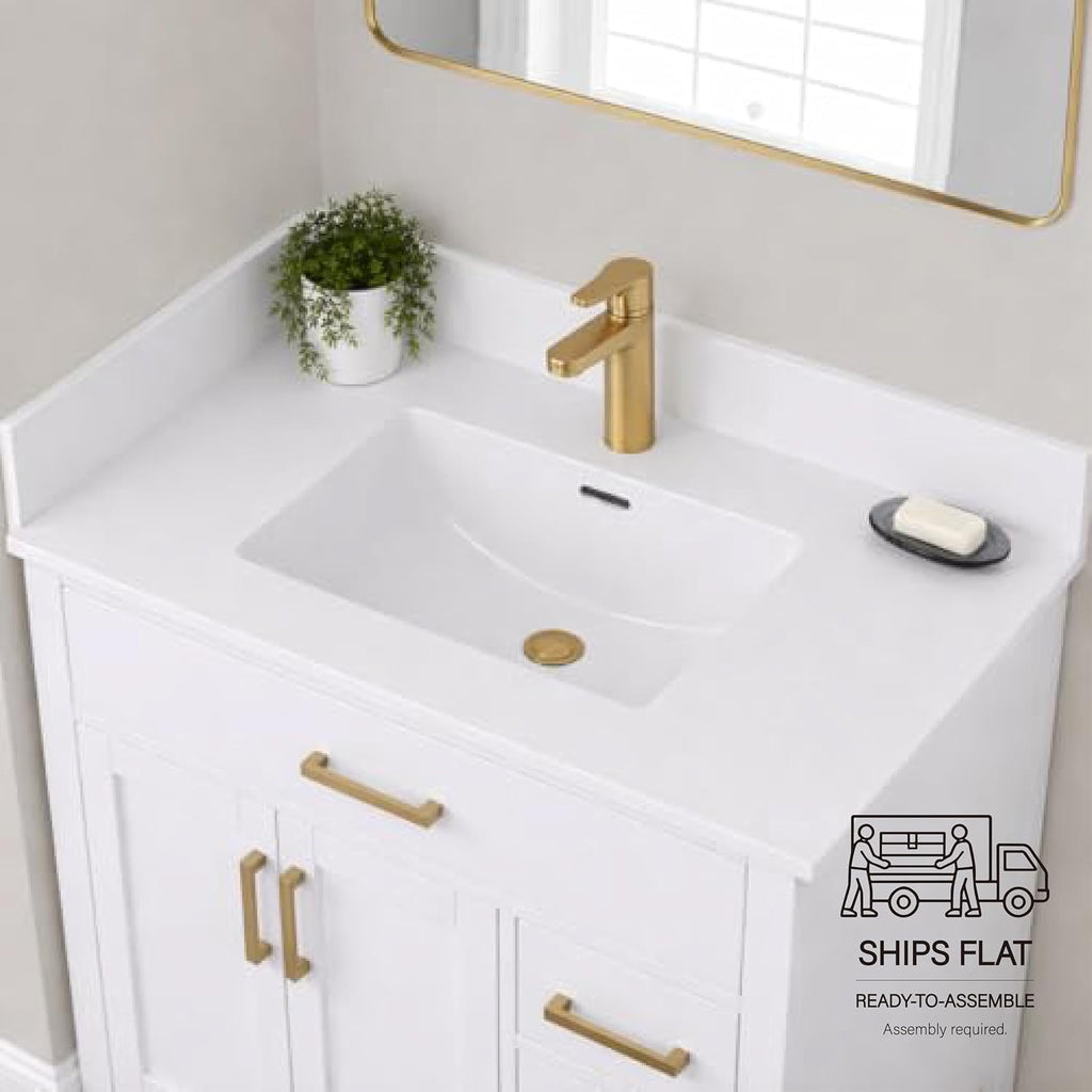 31' Bathroom Vanity Top with Integrated Sink – Solid Surface Resin Streamline Countertop, Single Faucet Hole, Built-in Overflow, Easy-to-Clean Matte White Finish, 31' W x 22' D