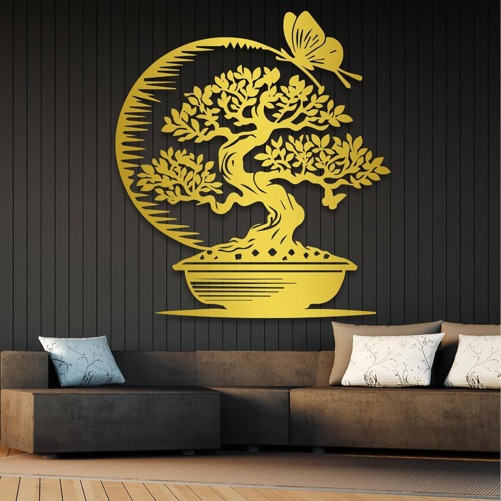 Maclou Japanese Metal Wall Art,Bonsai Tree Metal Wall Art,Asian Wall Decor for Bedroom,Living Room,Office (Gold,30' x 27' / 76 x 68 cm)