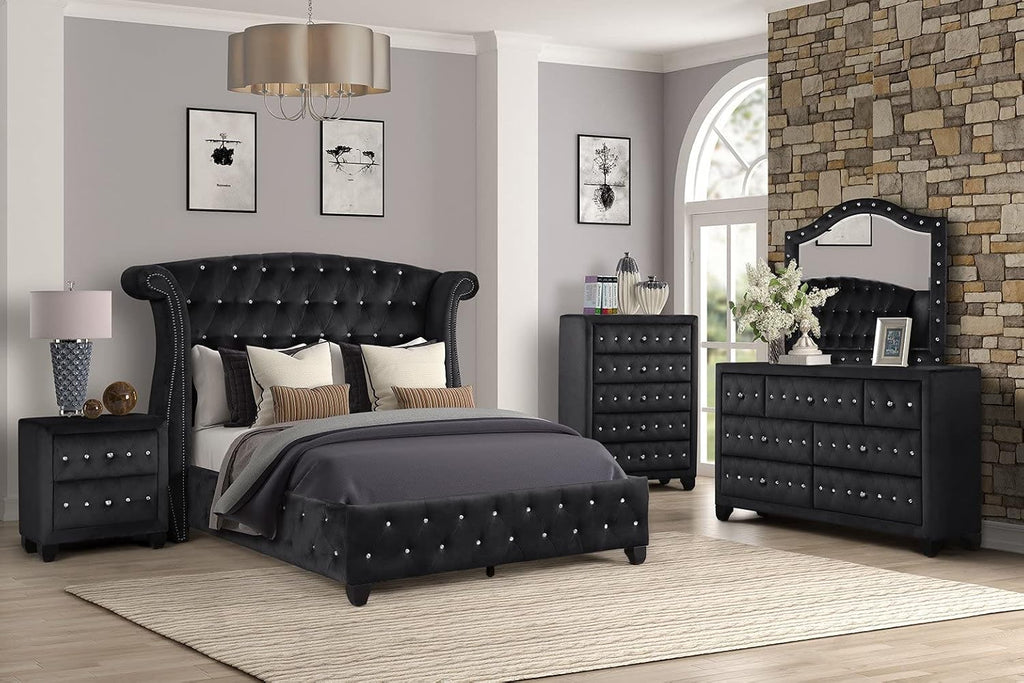 Full 5 Pc Upholstery Bedroom Set Made with Wood in Black