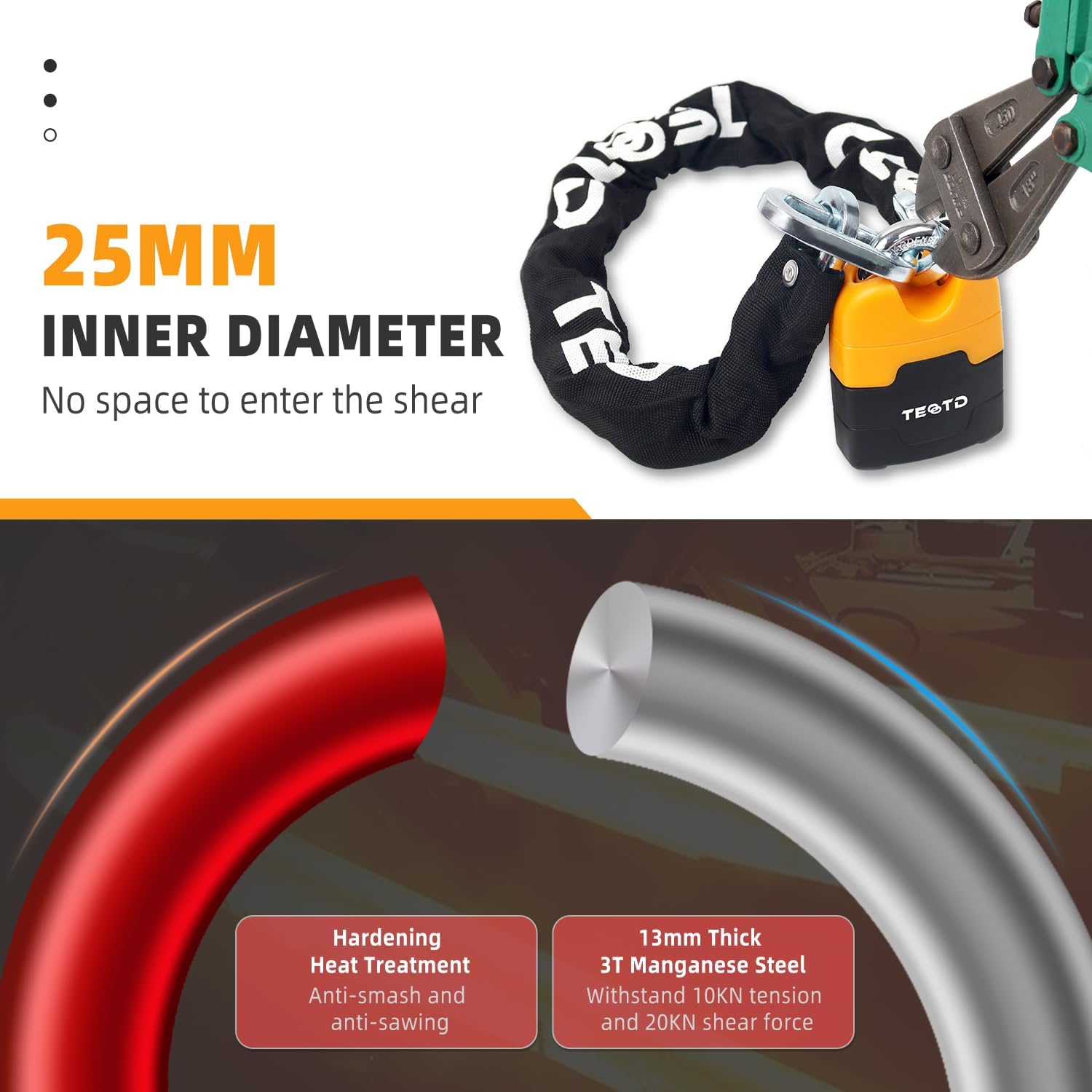 Motorcycle Chain Lock 8.2feet/250cm Long Heavy Duty Anti-Theft 10mm Thick Chain with Bright-Colored Lock,Security with 4 Keys for Containers,Trailers,ATV(12.65lbs)