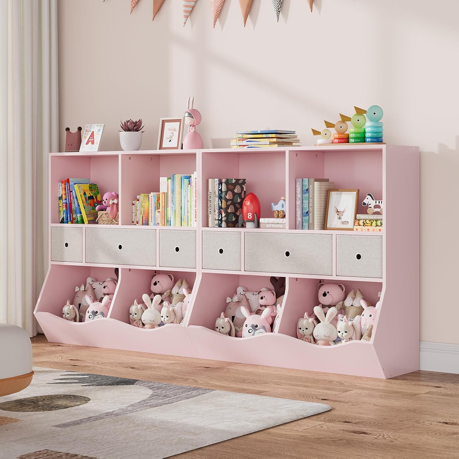 Kids Bookshelf with Toy Storage and Drawers, Multi-Shelf Bookcase with Cubby Organizer Cabinet for Boys & Girls, Storage Unit for Playroom, Bedroom, Hallway-Pink
