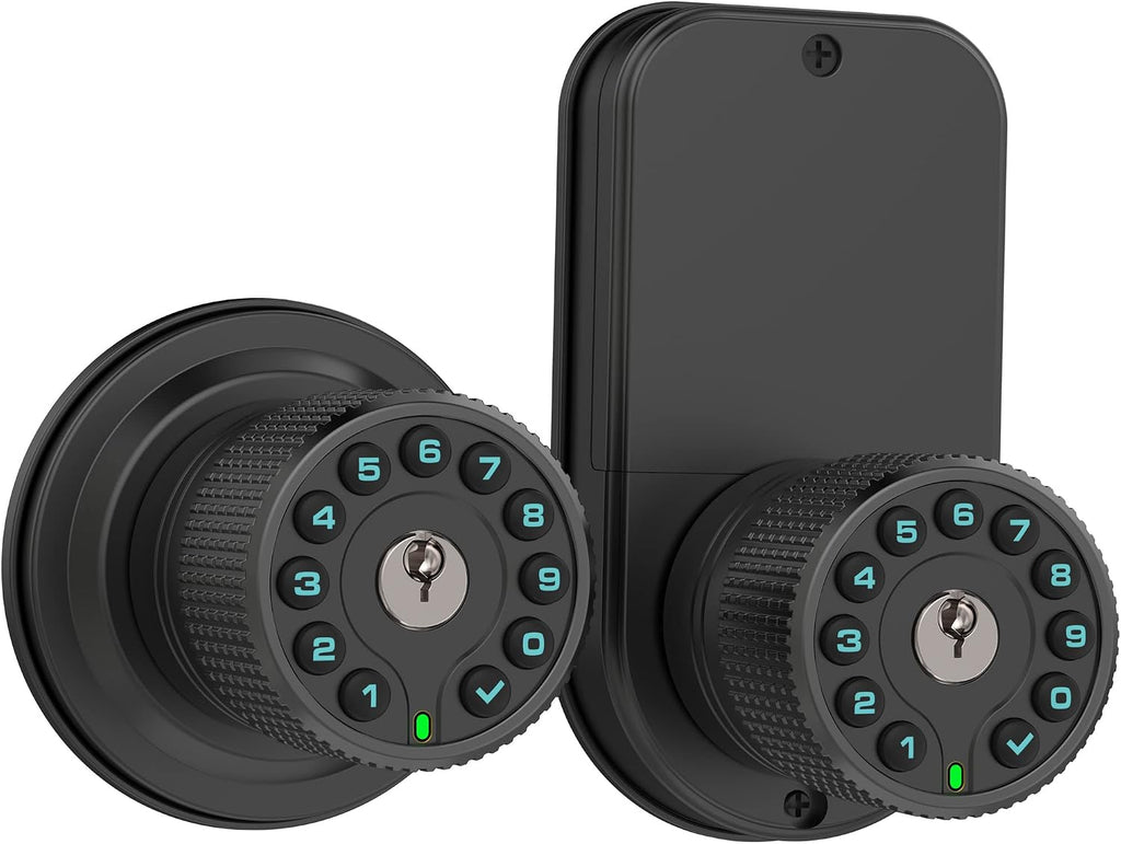 Double Sided Keypad Door Knob with Dual Cylinders and Key Alike, iuknob Keyless Entry Smart Door Lock for Entrance, Fence, Gate, Swimming Pool,Waterproof and Weatherproof for Outdoor & Interior Door.