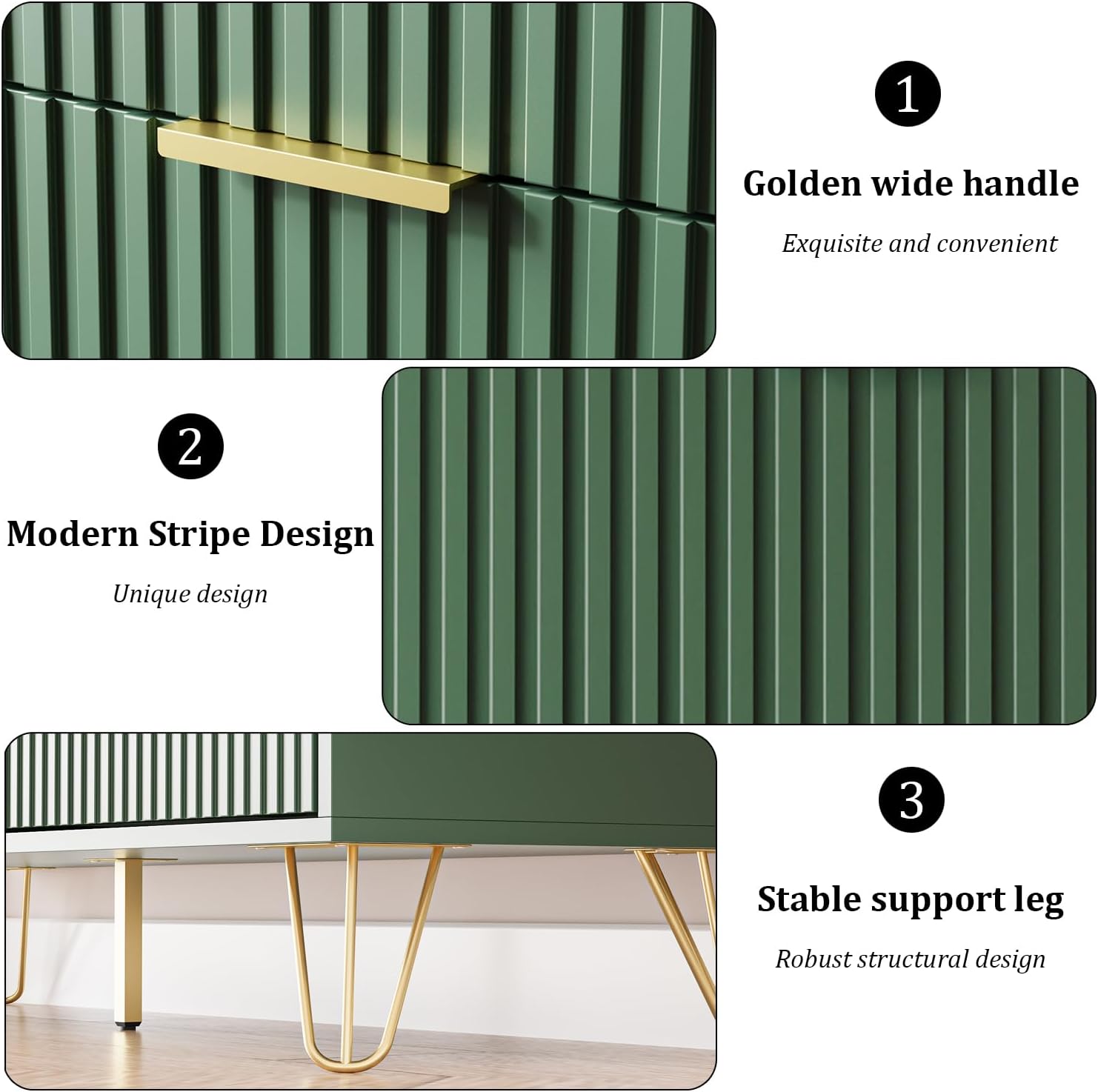 MAISONARIA Green Dresser for Bedroom, Modern Dresser with Gold Metal Handles & Chests of Drawers, Wood Chest of Drawers for Bedroom