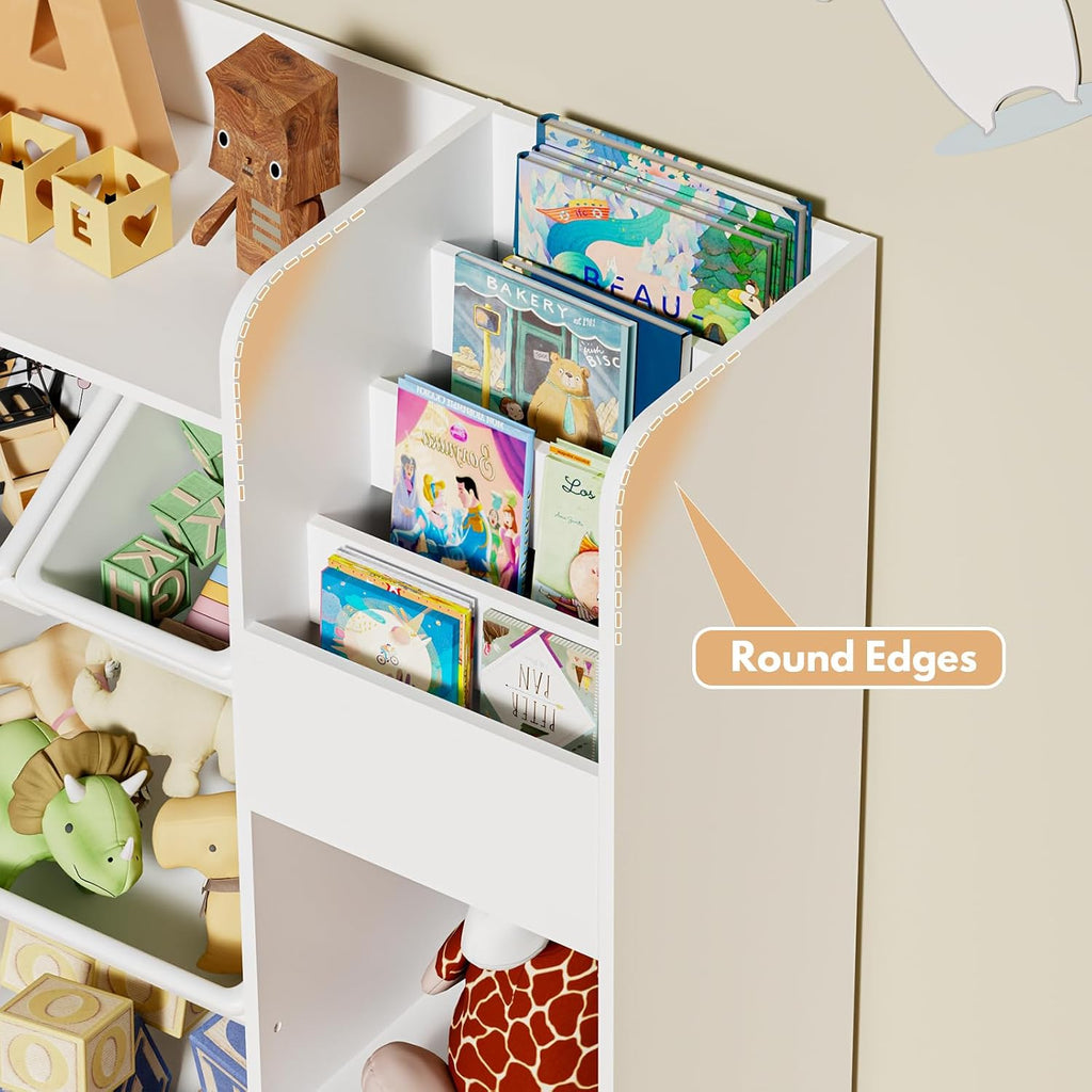 HOMMPA 55' W Kids Toy Storage Organizer with 2 Movable Drawer 4-Tier Bookshelf for Kids Children's Organizer Cabinet with 8 Toy Bins for Playrooms, Classroom and Nurseries,White
