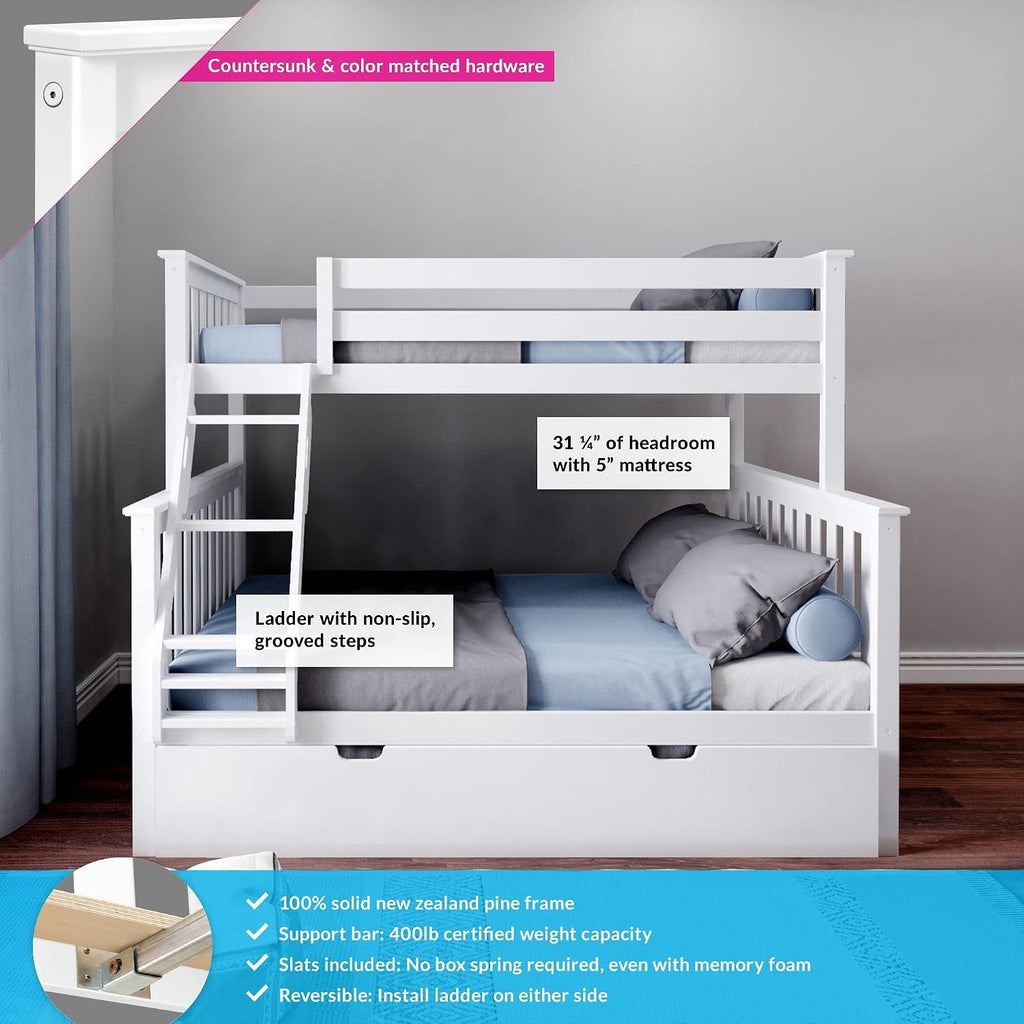 Max & Lily Bunk Bed, Twin-Over-Full Bed Frame for Kids with Trundle, Walnut