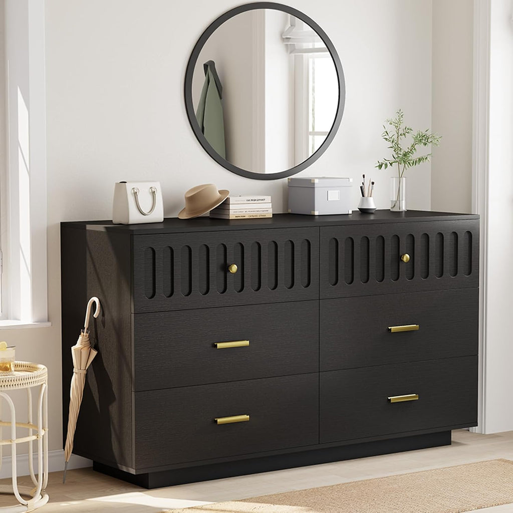 IBF Fluted Dresser with 6 Drawers for Bedroom, Large Wooden Chest of Drawers with Anti-Tipping Design for Men,Women, 54' Wide Modern Cloth Storage Dressers for Nursery,Closet,Living Room, Black Oak