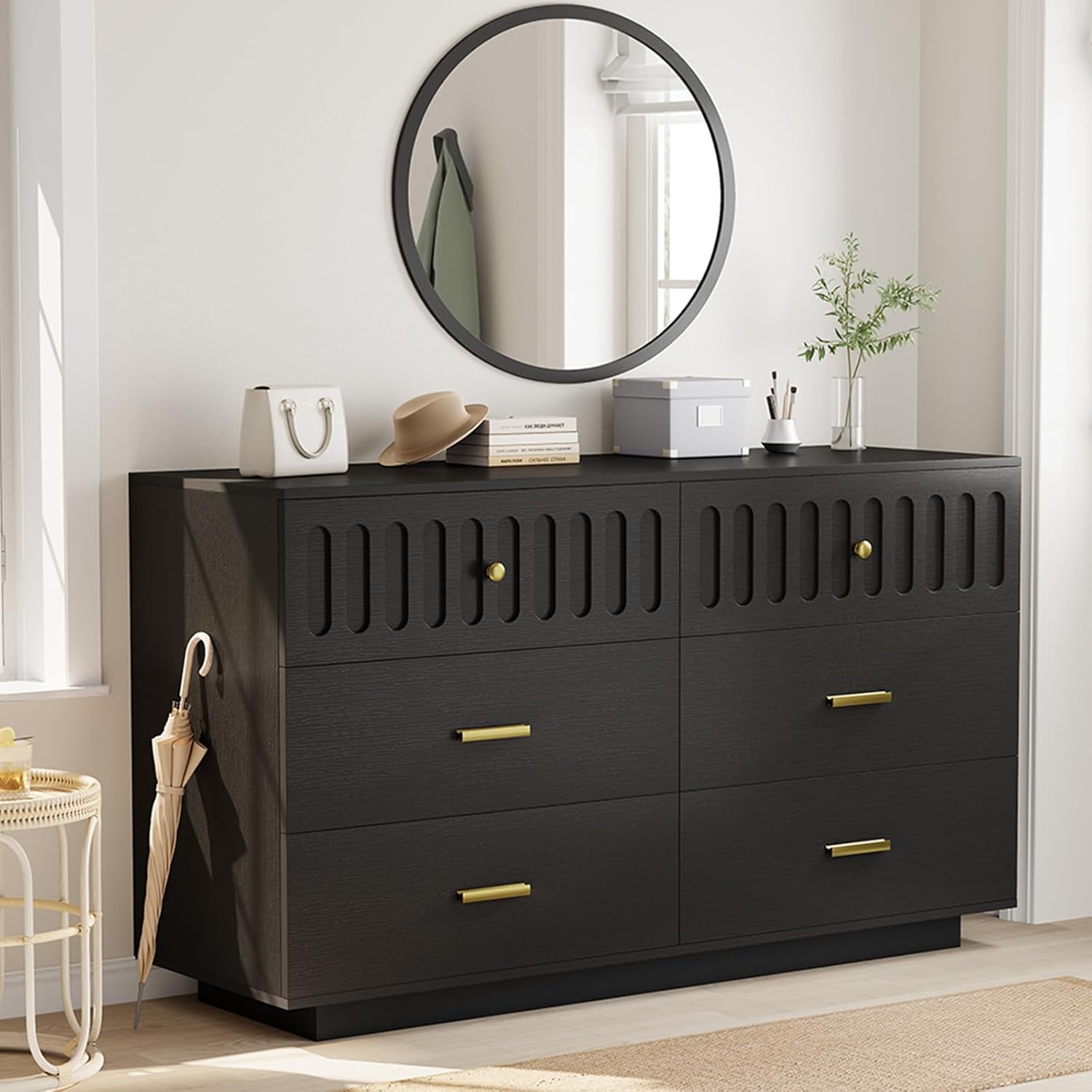 IBF Fluted Dresser with 6 Drawers for Bedroom, Large Wooden Chest of Drawers with Anti-Tipping Design for Men,Women, 54' Wide Modern Cloth Storage Dressers for Nursery,Closet,Living Room, Black Oak
