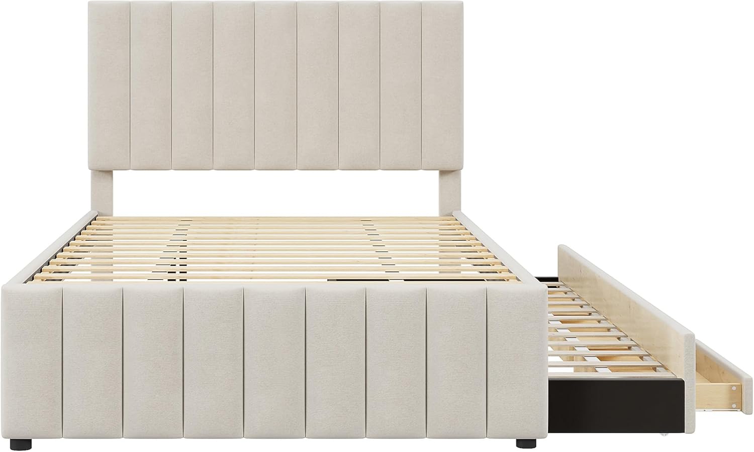 VilroCaz Full Size Upholstered Platform Bed with Trundle and 3 Drawers, Linen Fabric Platform Bed Frame with Stripe Headboard, No Box Spring Needed, Space Savings (Beige-6.16)