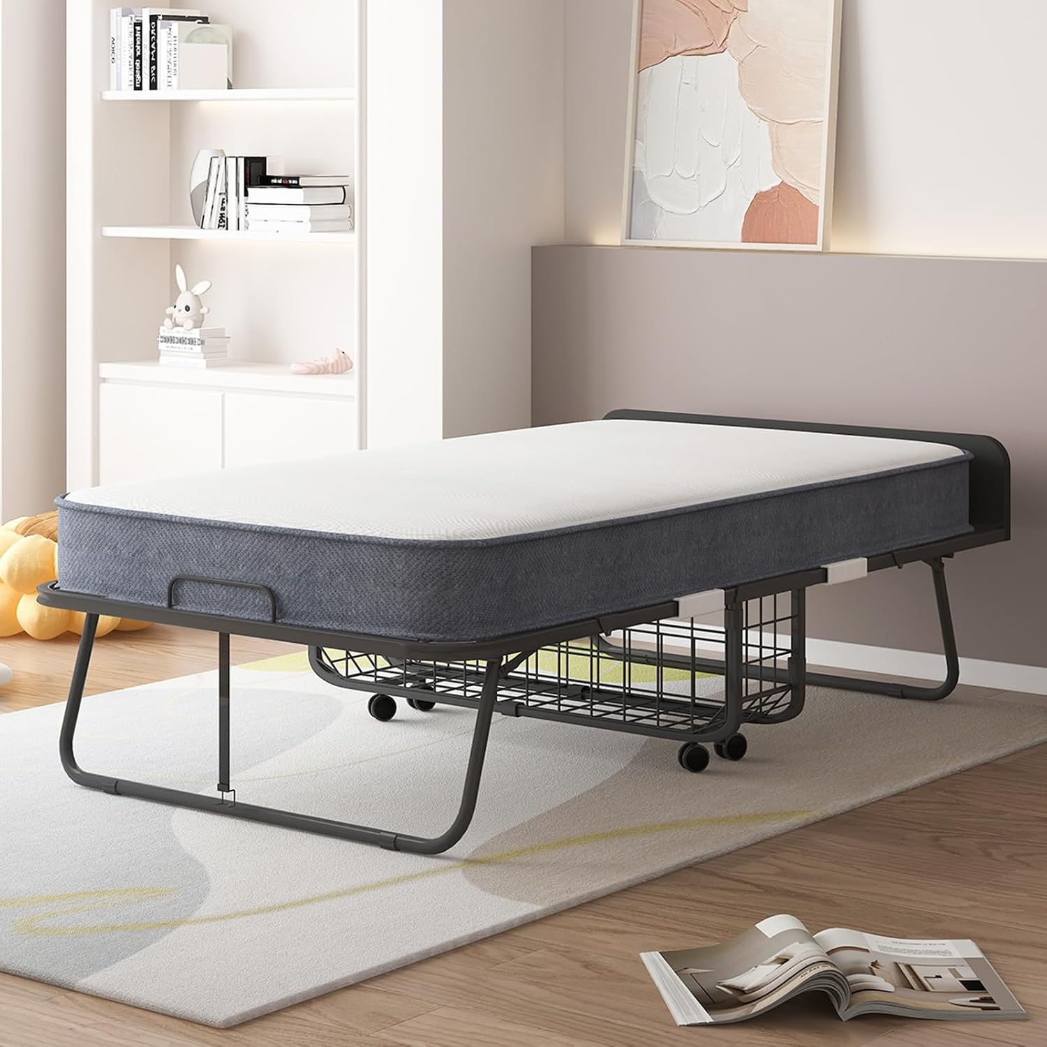 PUREMIND Folding Bed with 5'' Mattress for Adults, Rollaway Sofa for Adults with Basket Dustproof Bag & Head Baffle, Upgrade Single Portable Foldable Bed with Metal Frame & Swivel Wheels